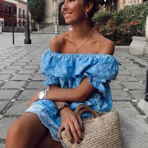 Zara Embroidery Off Shoulder tiered ruffle Cotton Dress playsuit Floral Blue XS